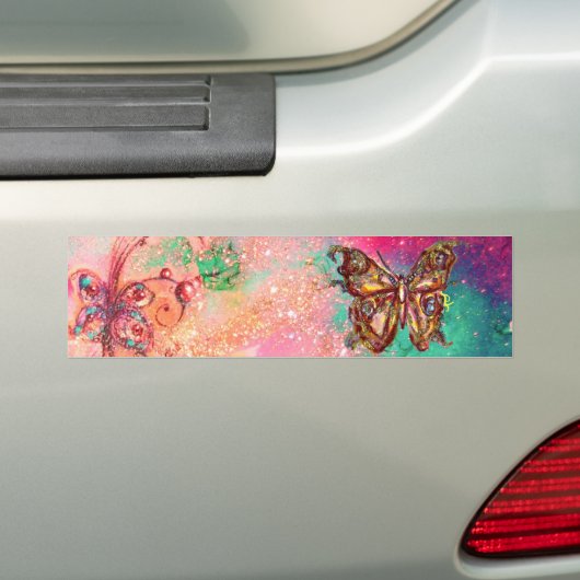 VLINDER IN ROZE GOUD MET GLITTERS BUMPERSTICKER (Op auto)