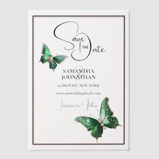 Vlinder juweel smaragdgroen zilver save the date vellum uitnodigingen (Voorkant)