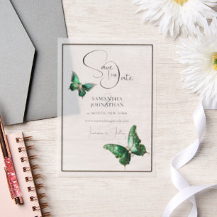 Vlinder juweel smaragdgroen zilver save the date vellum uitnodigingen