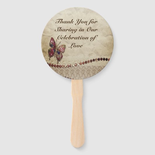 vlinder, kralen, kant, perkament bruiloft handwaaier (Achterkant)