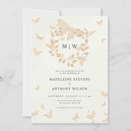 Vlinder krans Ivoor Goud Monogrammen Bruiloft Kaart (Voorkant)