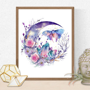 Vlinder Kristallen Halve Maan Bloemen Spiritueel Poster