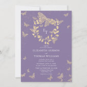Vlinder Lavendel Goud Monogrammen Krans Bruiloft Kaart (Voorkant)
