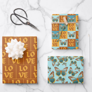 Vlinder liefde patroon Blauw & Oranje helling Inpakpapier Vel