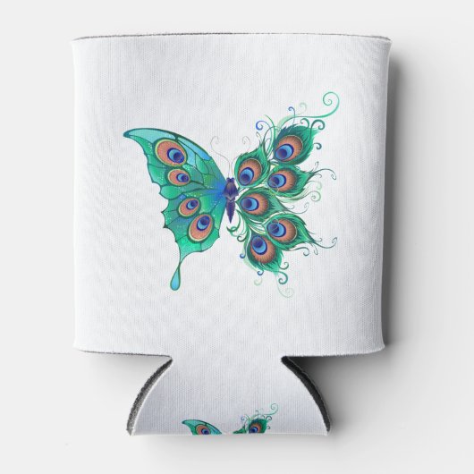 Vlinder met groene pauwenveren blikjeskoeler (Voorkant)