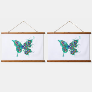 Vlinder met groene pauwenveren hangend wandkleed