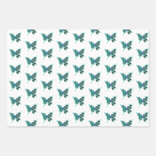 Vlinder met groene pauwenveren inpakpapier vel (Voorkant 2)
