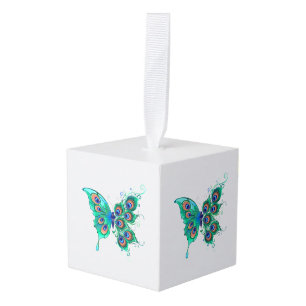 Vlinder met groene pauwenveren kubus ornament