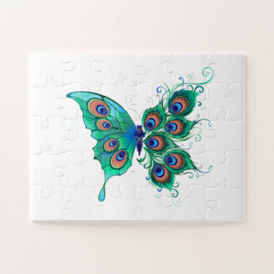 Vlinder met groene pauwenveren legpuzzel