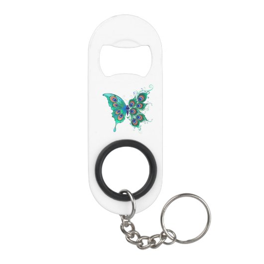 Vlinder met groene pauwenveren mini flessenopener (Achterkant)