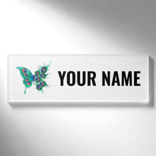 Vlinder met groene pauwenveren naambadge