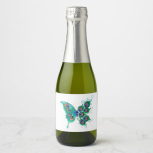 Vlinder met groene pauwenveren sparkling wijnetiket