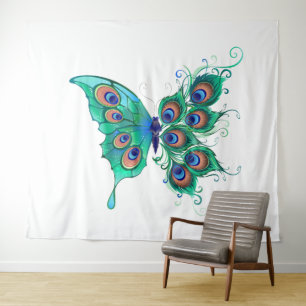Vlinder met groene pauwenveren wandkleed