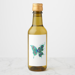 Vlinder met groene pauwenveren wijn etiket