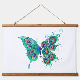 Vlinder met groene pauwveren hangend wandkleed