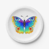 Vlinder met pauwenogen in regenboogkleuren papieren bordje (Voorkant)