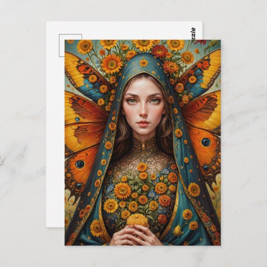 Vlinder non met gele bloem briefkaart (Voorkant / Achterkant)