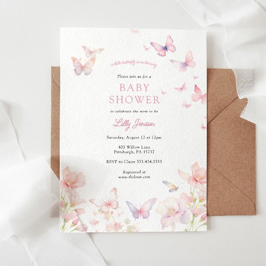 Vlinder op de weg Roze Baby shower Kaart