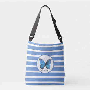 Vlinder op luchtblauwe en witte strepen crossbody tas