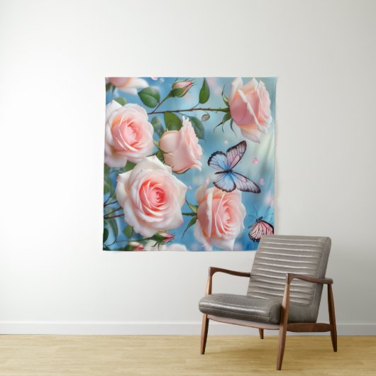 Vlinder op roze bloem wandkleed (In Situ (horizontaal))