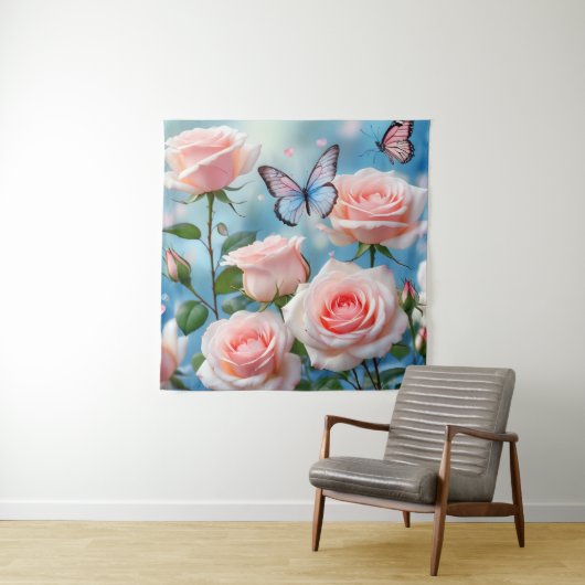 Vlinder op roze bloem wandkleed (In situ)