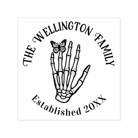 Vlinder op skelet hand familienaam datum opgericht zelfinktende stempel (Design)