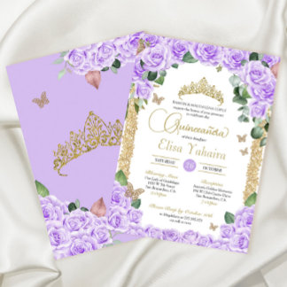 Vlinder Paarse Bloemen Roos en Gouden Quinceanera Kaart