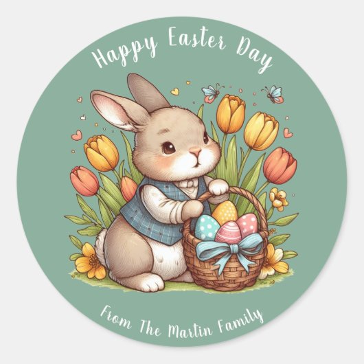 Vlinder, papaver, konijn Gelukkige Paasdag Ronde Sticker (Voorkant)