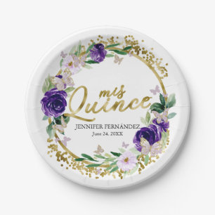 Vlinder Quinceanera Papieren Borden Paarse Bloemen Bordje