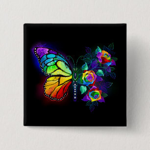 Vlinder regenboog bloem vierkante button 5,1 cm
