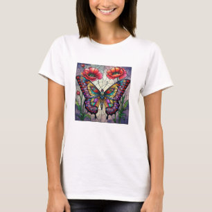 Vlinder & Rode Klaproos Glas-in-Lood Insect Kunst T-shirt