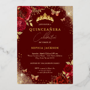 Vlinder Rode Roze Gouden Tiara Quinceanera Folie Uitnodiging