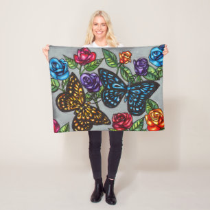 Vlinder roos bloeit originele natuur tekening fleece deken