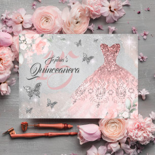 Vlinder Roze Gouden Glitter Jurk Quinceanera Kaart