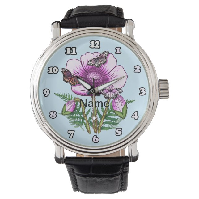 Vlinder Roze Klaproos Horloge (Voorkant)