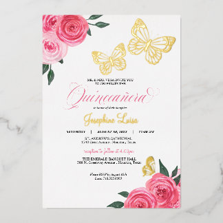 Vlinder Roze Rozen Quinceanera Echt Folie Uitnodiging