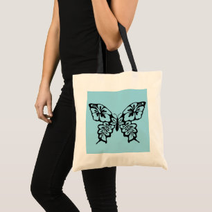 Vlinder stencil op blauw tote bag