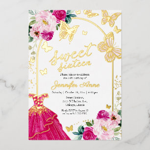Vlinder Sweet Sixteen Roze Jurk Goud Folie Uitnodiging