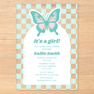 Vlinder Teal Schakenbord Meisje Baby Shower Acryl Uitnodigingen