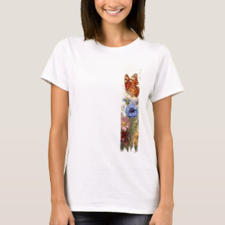 Vlinder tussen wilde bloemen penseelstreekverf t-shirt