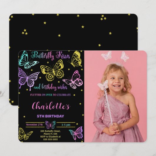 Vlinder Verjaardag Foto Uitnodiging (Voorkant / Achterkant)