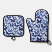 Vlinder Waterverf Blauw en Wit Ovenwant & Pannenlap Set (Voorkant)