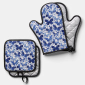 Vlinder Waterverf Blauw en Wit Ovenwant & Pannenlap Set (Voorkant / Achterkant)