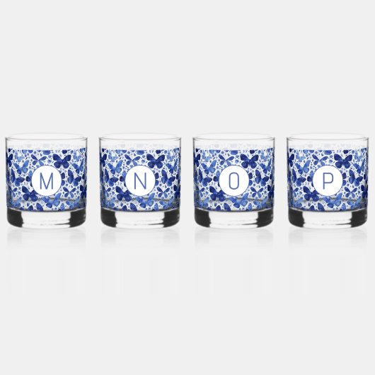 Vlinder Waterverf Blauw Monogram Initiaal Whisky Glas (Voorkant)