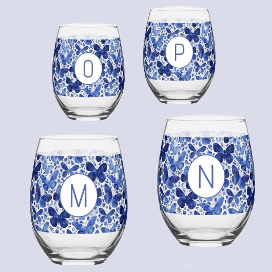 Vlinder Waterverf Blauw Monogram Initiaal Wijnglas Zonder Voet