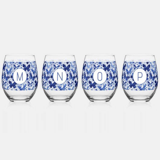 Vlinder Waterverf Blauw Monogram Initiaal Wijnglas Zonder Voet (Achterkant)