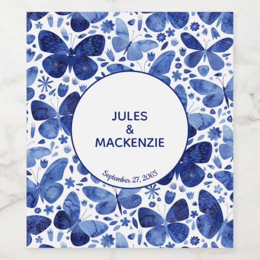 Vlinder Waterverf Indigo Blauw Bruiloft Wijn Etiket (Enkel label)
