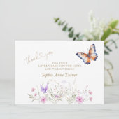 Vlinder Wilde Bloemen Baby Shower Calligrafie Bedankkaart (Staand voorkant)