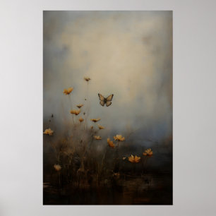 Vlinder Wilde Bloemen Vintage Bloem Kunst, Antiek Poster