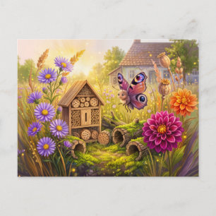 Vlinder zoekt wintershelter in insectenhotel briefkaart